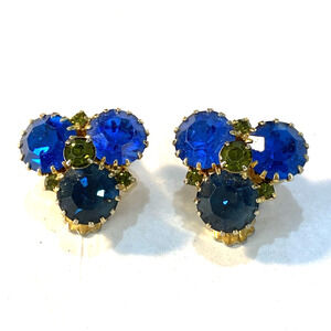Vintage clip on earrings retro mid century blue & green rhinestones goldtone